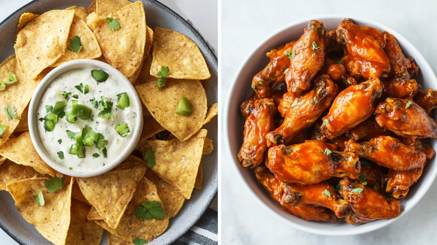 Nachos with dip, spicy buffalo wings platter