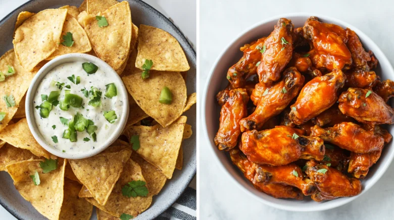 Nachos with dip, spicy buffalo wings platter