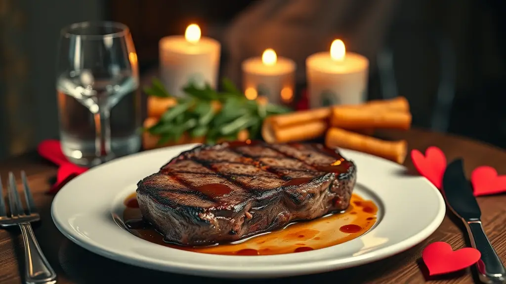 Romantic dinner table with steak and candles