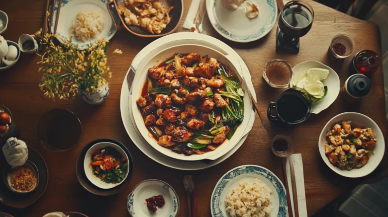 Delicious Asian dishes on a beautifully set table.