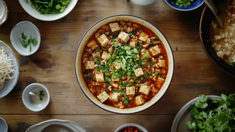 Top view of mapo tofu dish with garnishes.