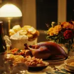 Festive dinner table with roasted turkey and wine.