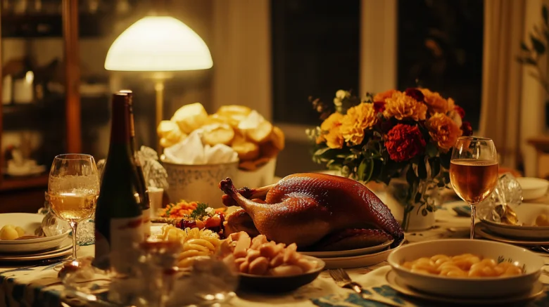 Festive dinner table with roasted turkey and wine.