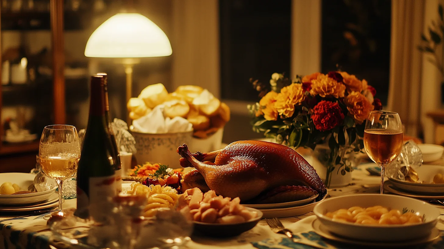 Festive dinner table with roasted turkey and wine.