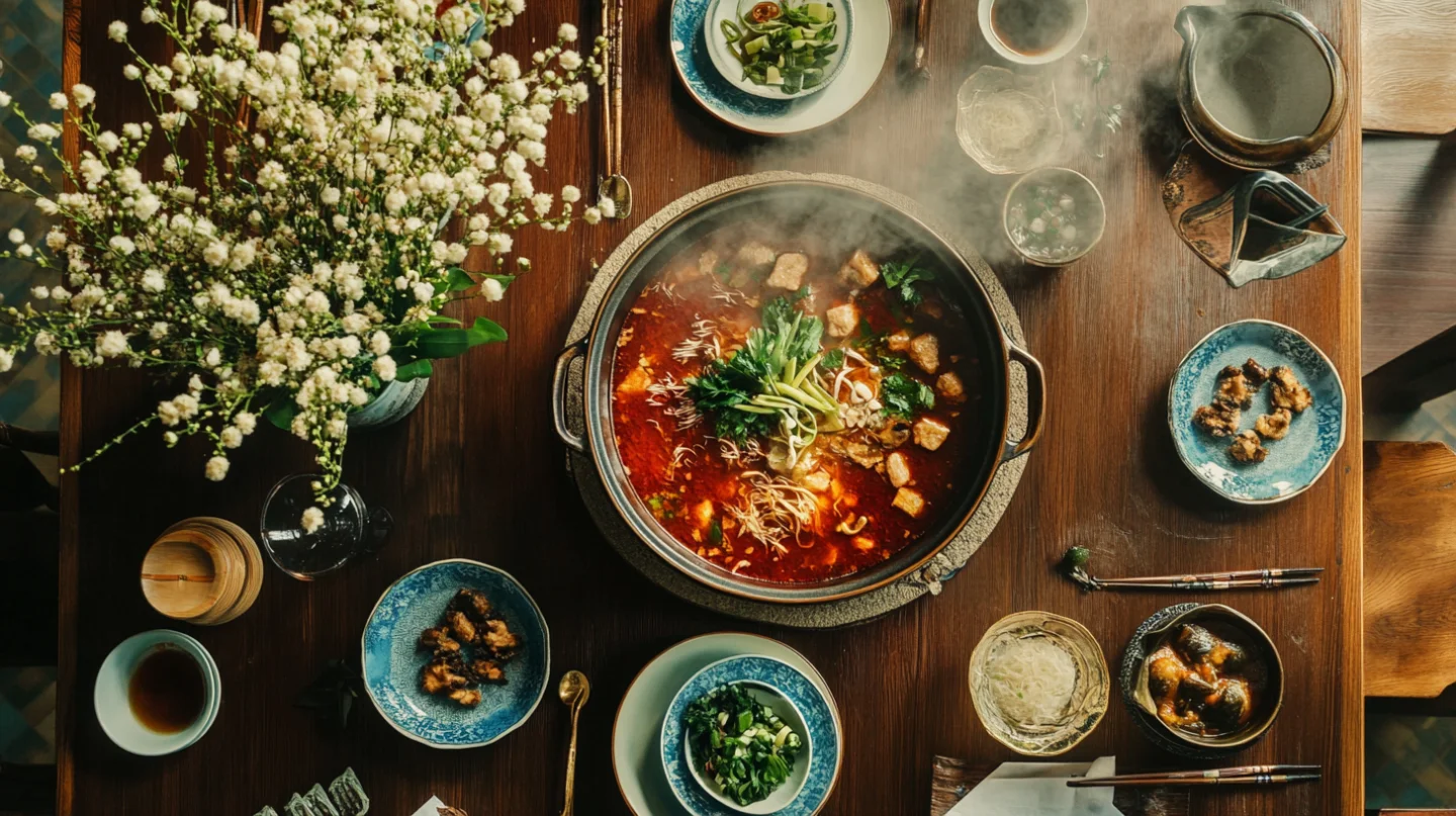 Hot pot meal with fresh ingredients on table.