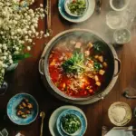 Hot pot meal with fresh ingredients on table.