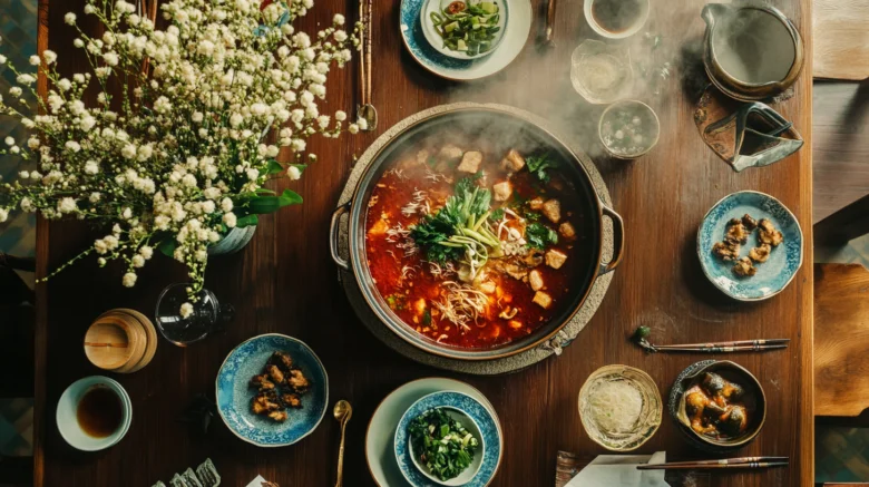 Hot pot meal with fresh ingredients on table.